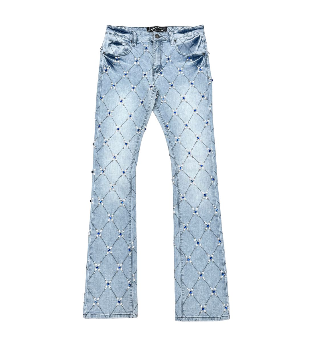 Men's Rhinstone Embellish Light Blue Denim Stacked Jeans with Sparkling Rhinestones and Pearl Accents