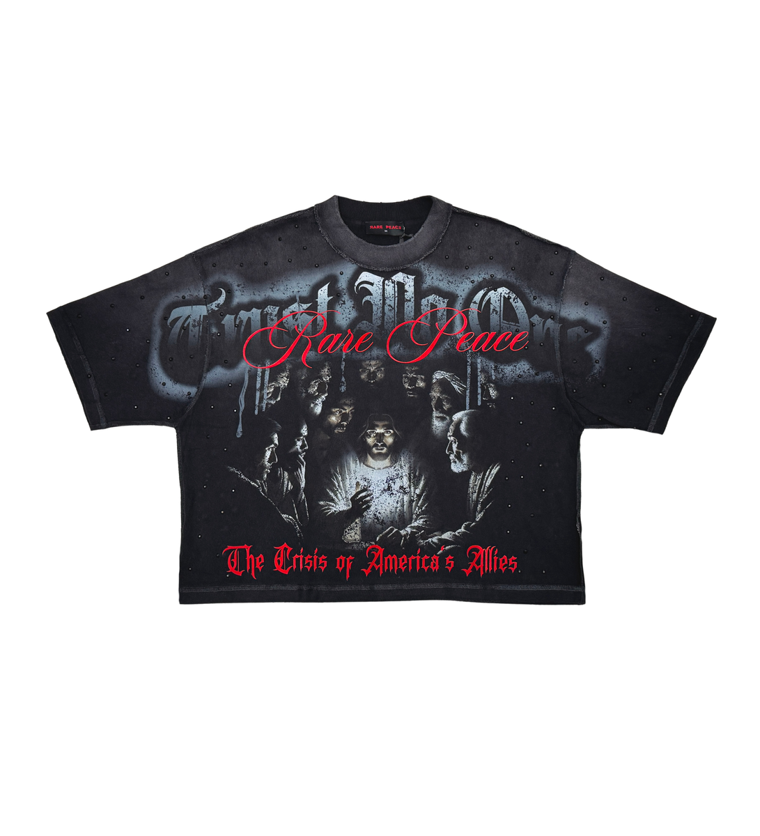 Men's Oversized Cropped Top Red and Black T-Shirt with Graphic Design and Text "Sorry for the Rest of the World"