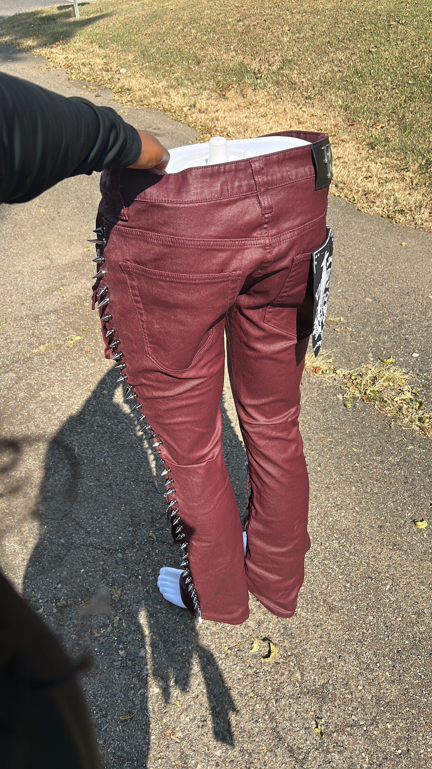 Vicious West Men’s Coated Burgundy Stacked Spiked Skinny Jeans