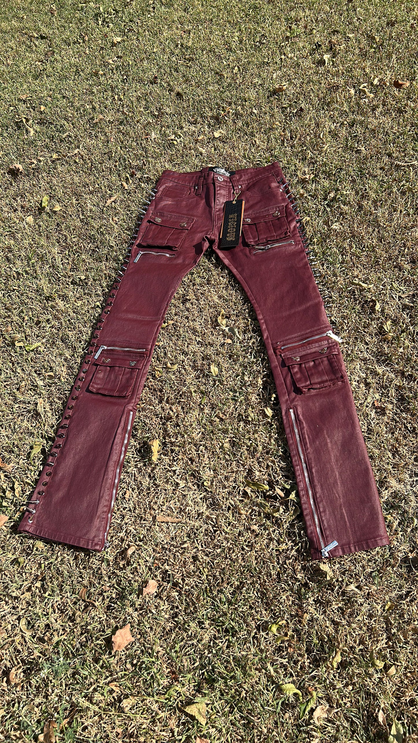 Vicious West Men’s Coated Burgundy Stacked Spiked Skinny Jeans