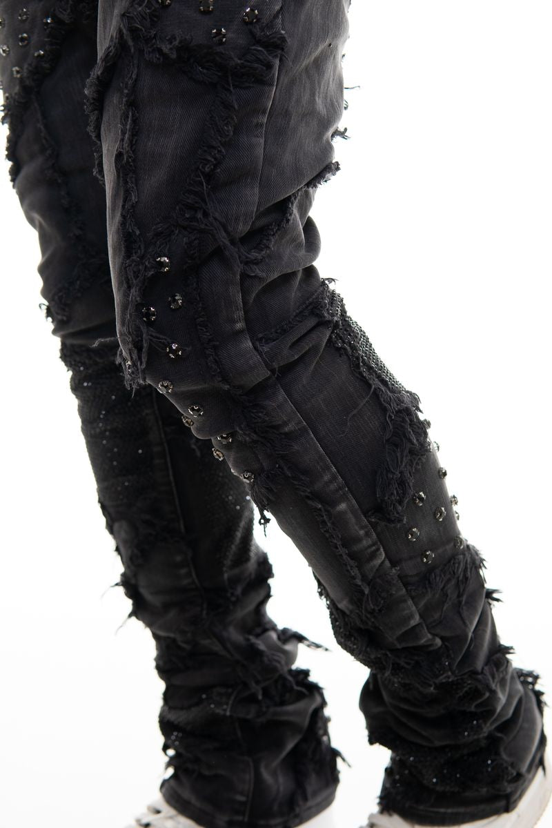 Men's Black Distressed Ripped Flare Denim Streetwear Pocket Skinny Rhinestones Jeans