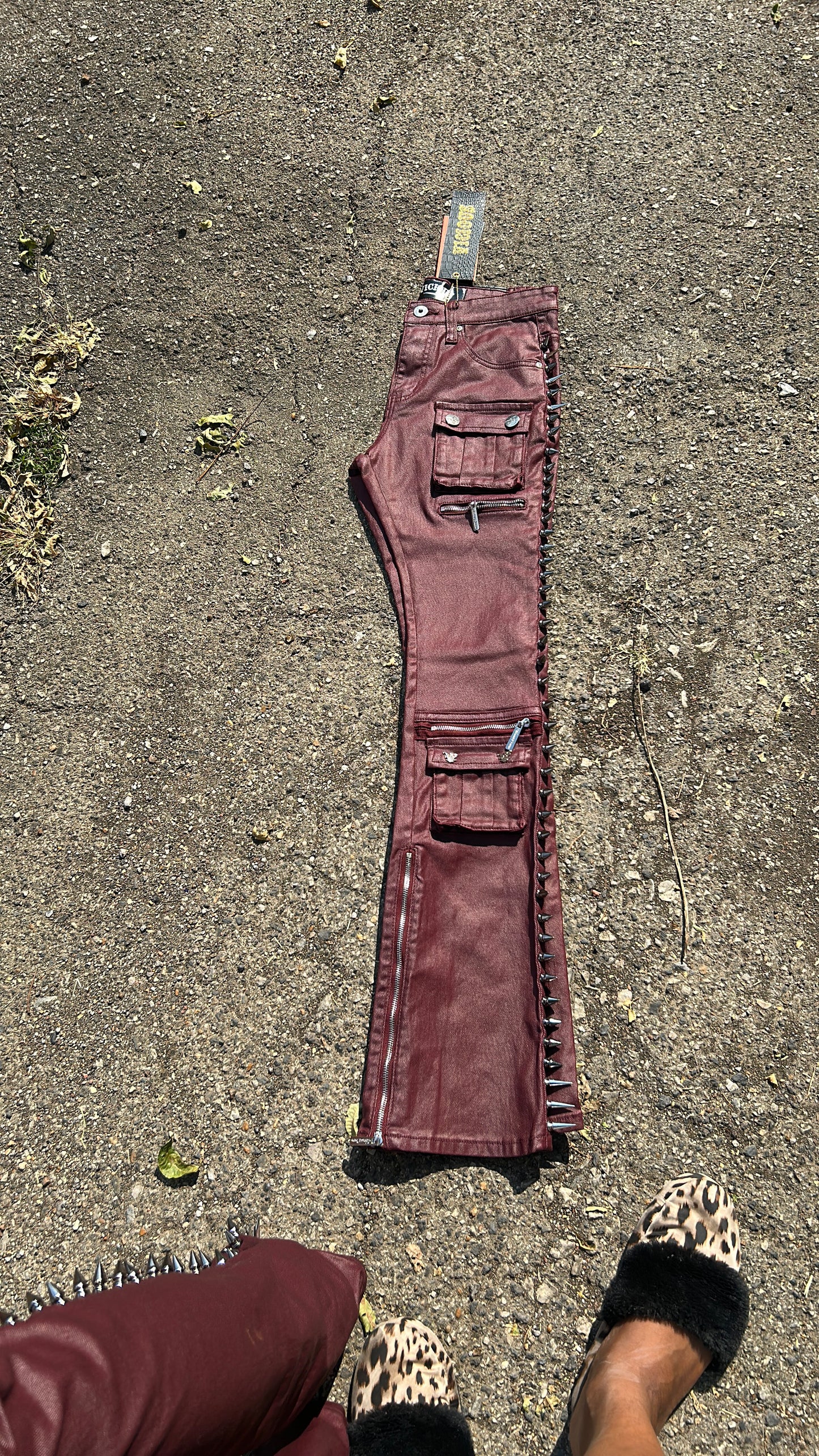Vicious West Men’s Coated Burgundy Stacked Spiked Skinny Jeans