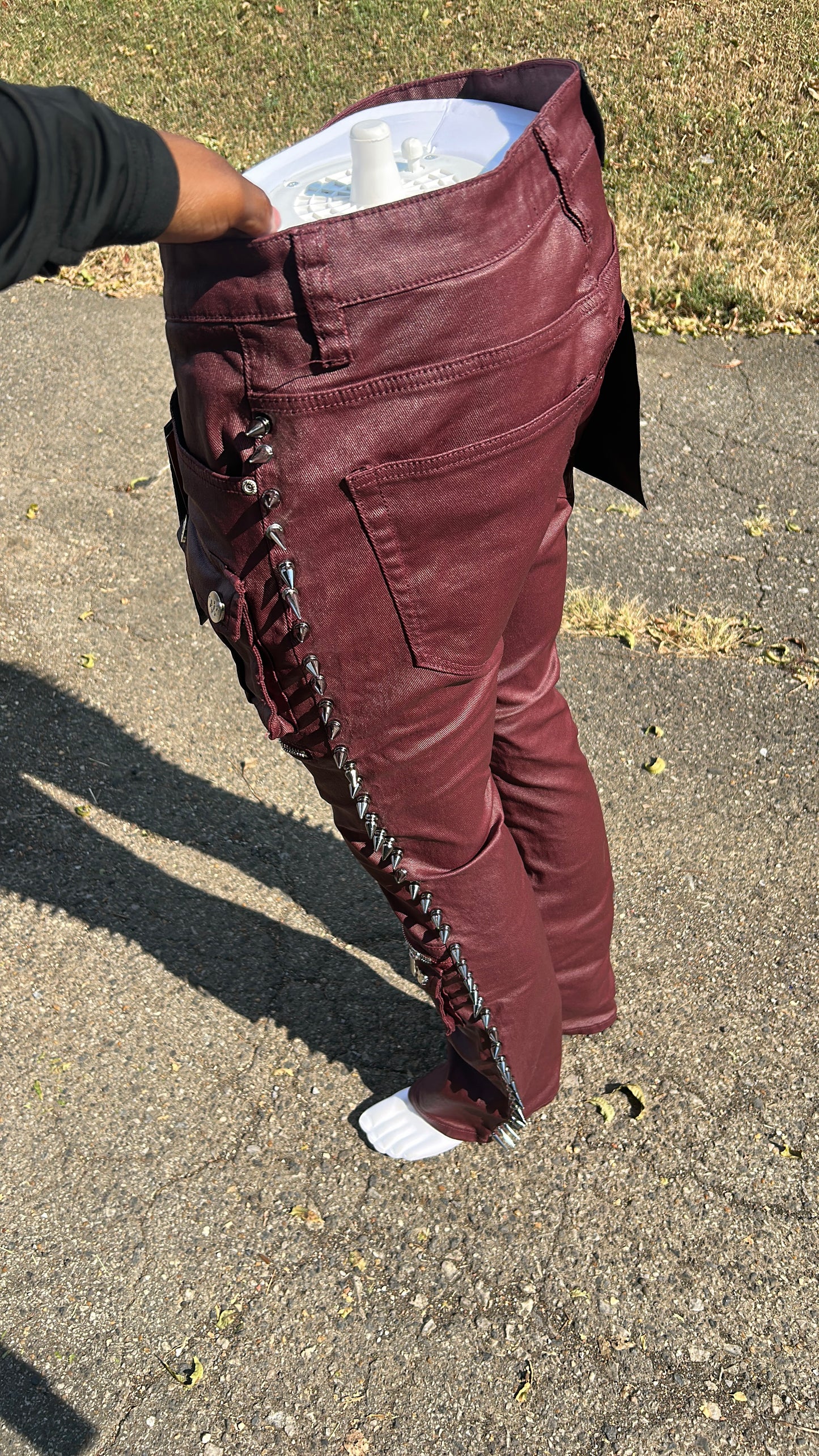 Vicious West Men’s Coated Burgundy Stacked Spiked Skinny Jeans