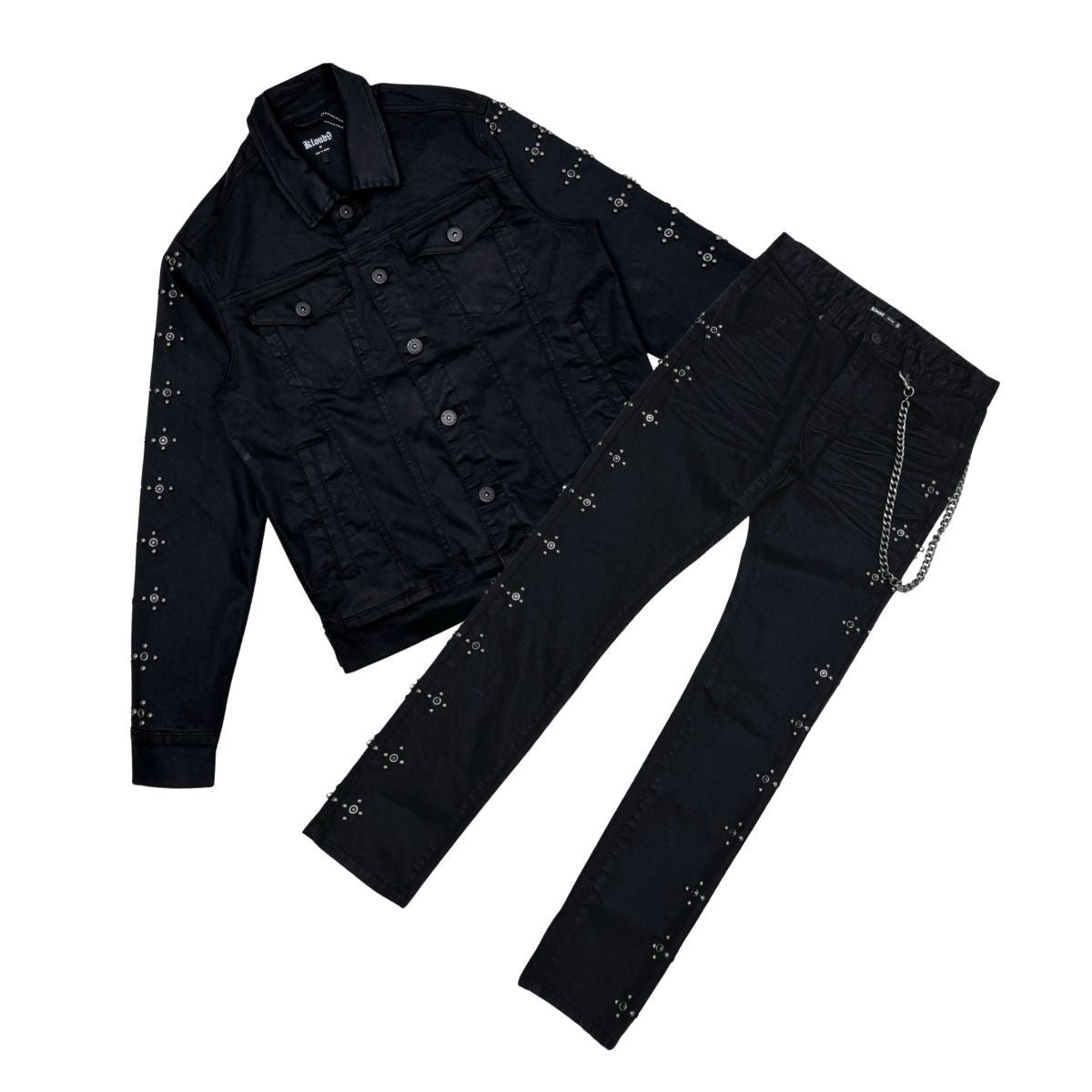 Men’s Black Rhinestone Denim Jacket & Jeans Pants Set