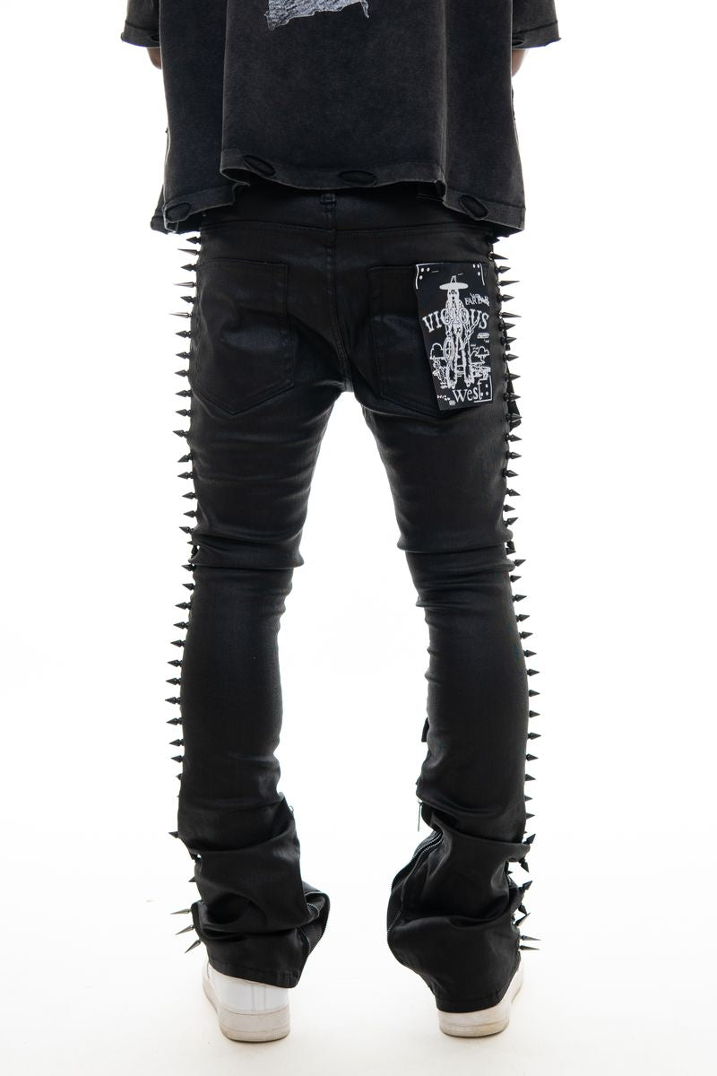 Men’s Coated Black Stacked Spike Skinny Jeans