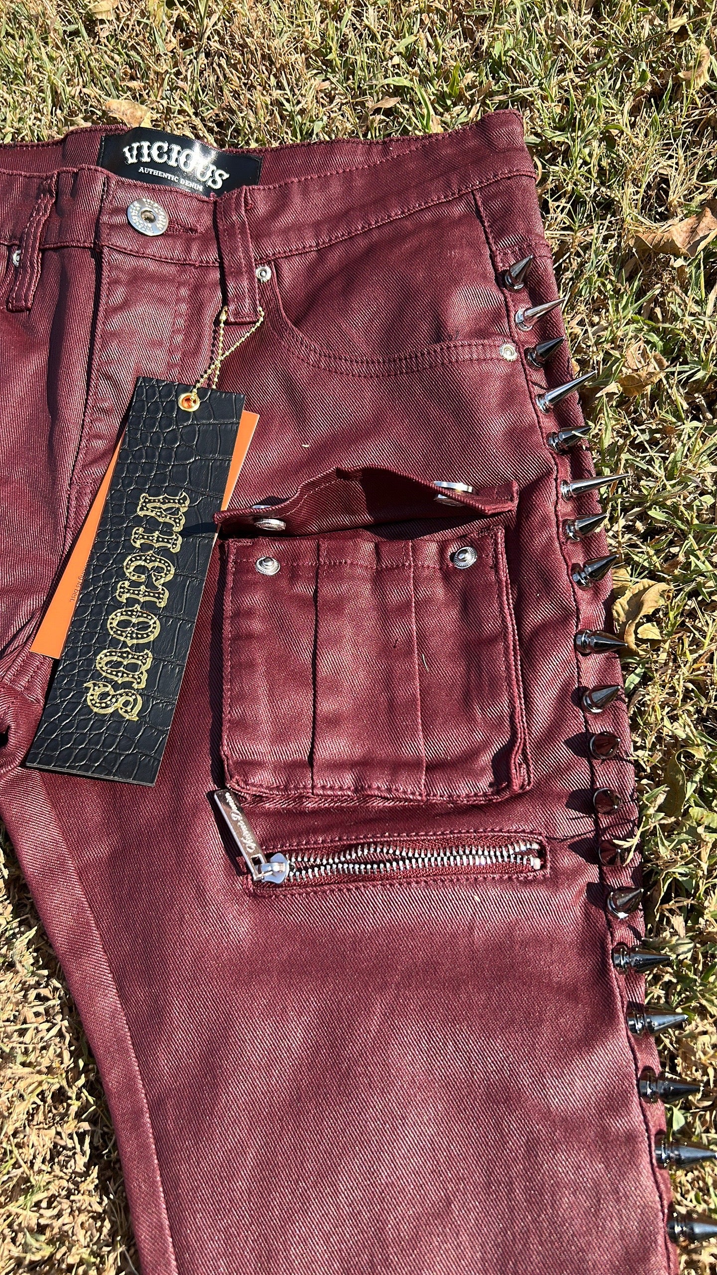 Vicious West Men’s Coated Burgundy Stacked Spiked Skinny Jeans