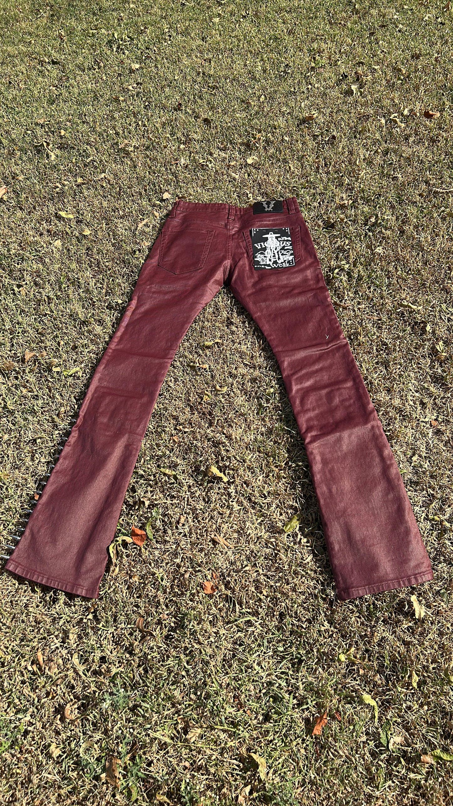 Vicious West Men’s Coated Burgundy Stacked Spiked Skinny Jeans