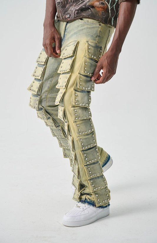 Taker Men’s Rhinestone Blue Tint Cargo Stacked Jeans