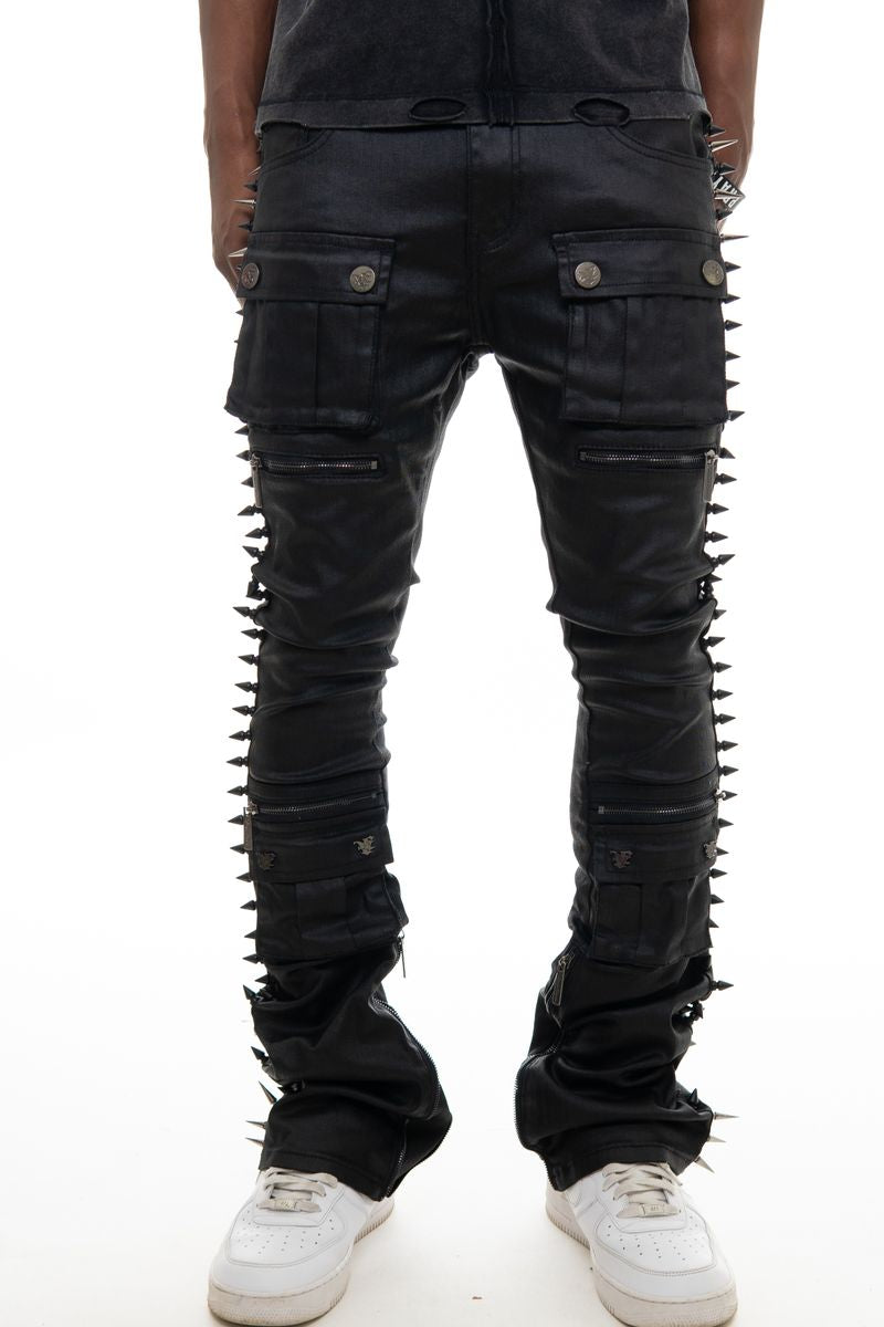 Men’s Coated Black Stacked Spike Skinny Jeans