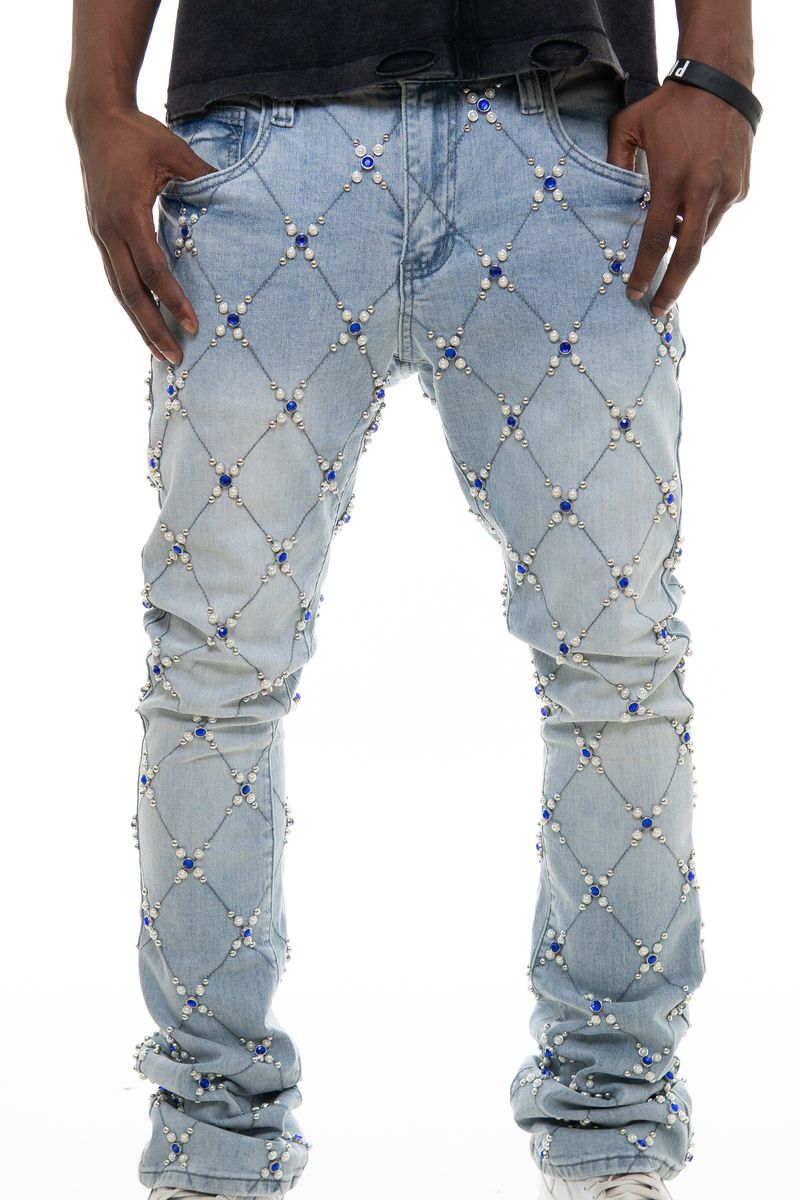 Men's Rhinstone Embellish Light Blue Denim Stacked Jeans with Sparkling Rhinestones and Pearl Accents