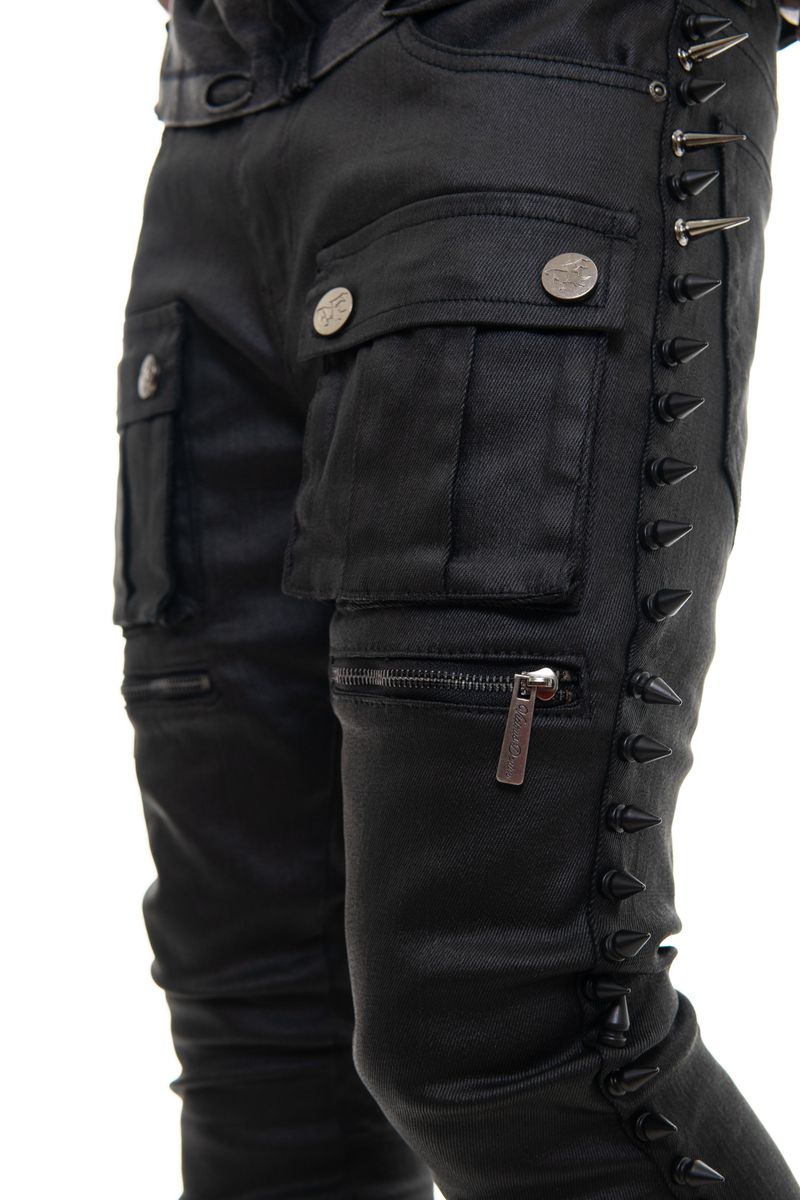 Men’s Coated Black Stacked Spike Skinny Jeans