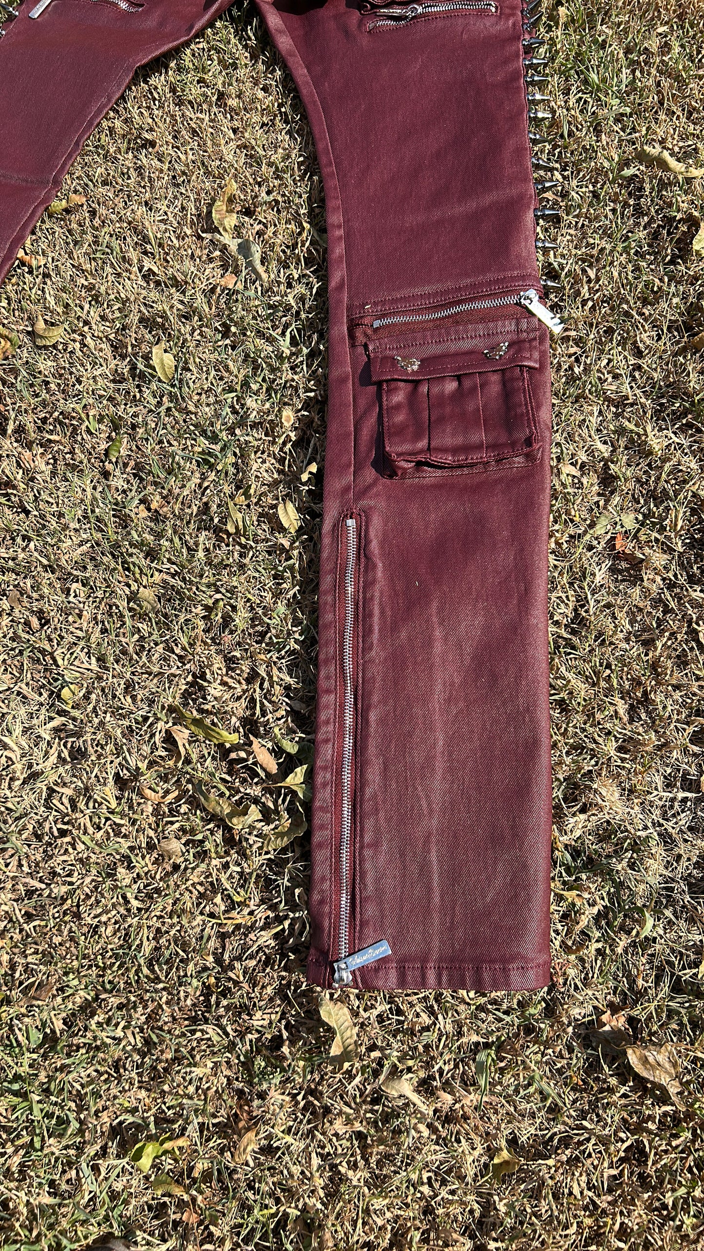 Vicious West Men’s Coated Burgundy Stacked Spiked Skinny Jeans