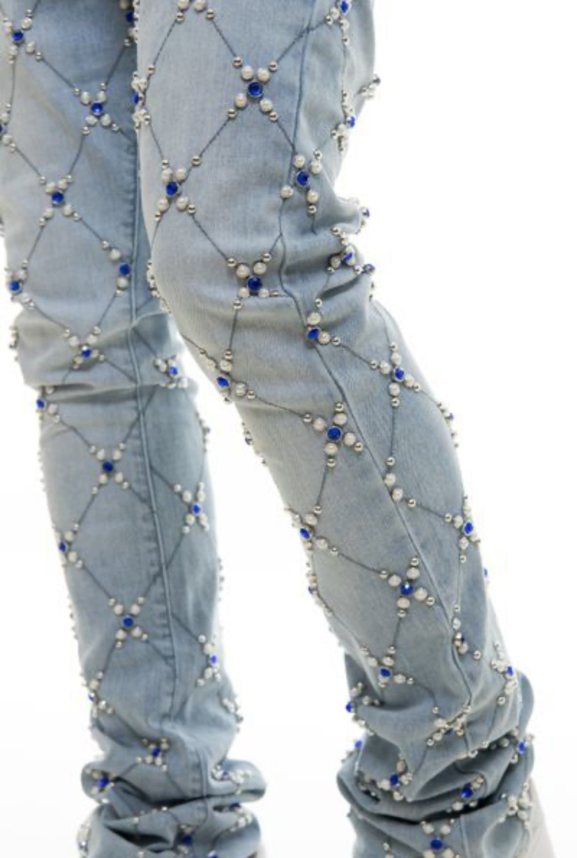 Men's Rhinstone Embellish Light Blue Denim Stacked Jeans with Sparkling Rhinestones and Pearl Accents