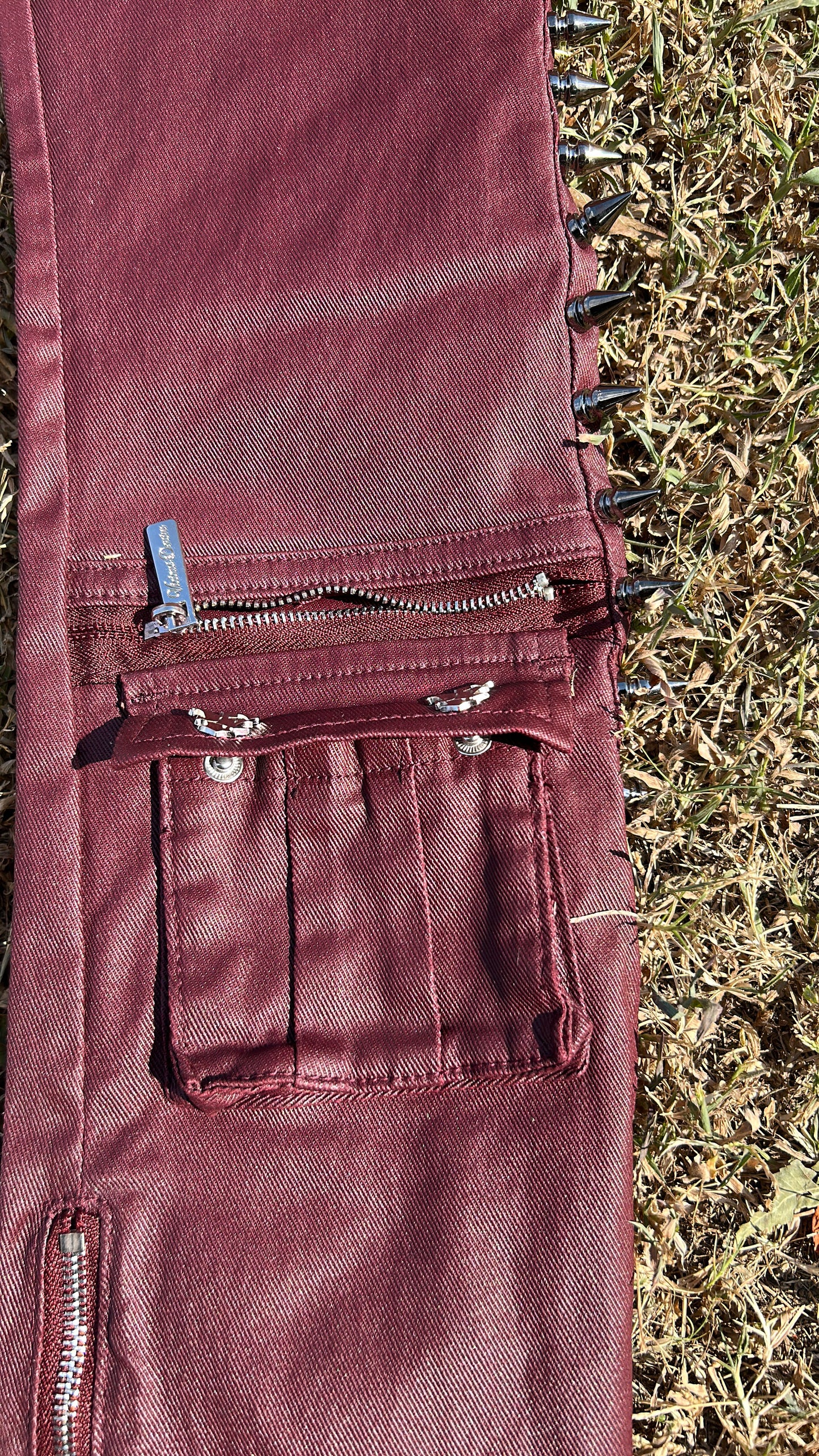 Vicious West Men’s Coated Burgundy Stacked Spiked Skinny Jeans
