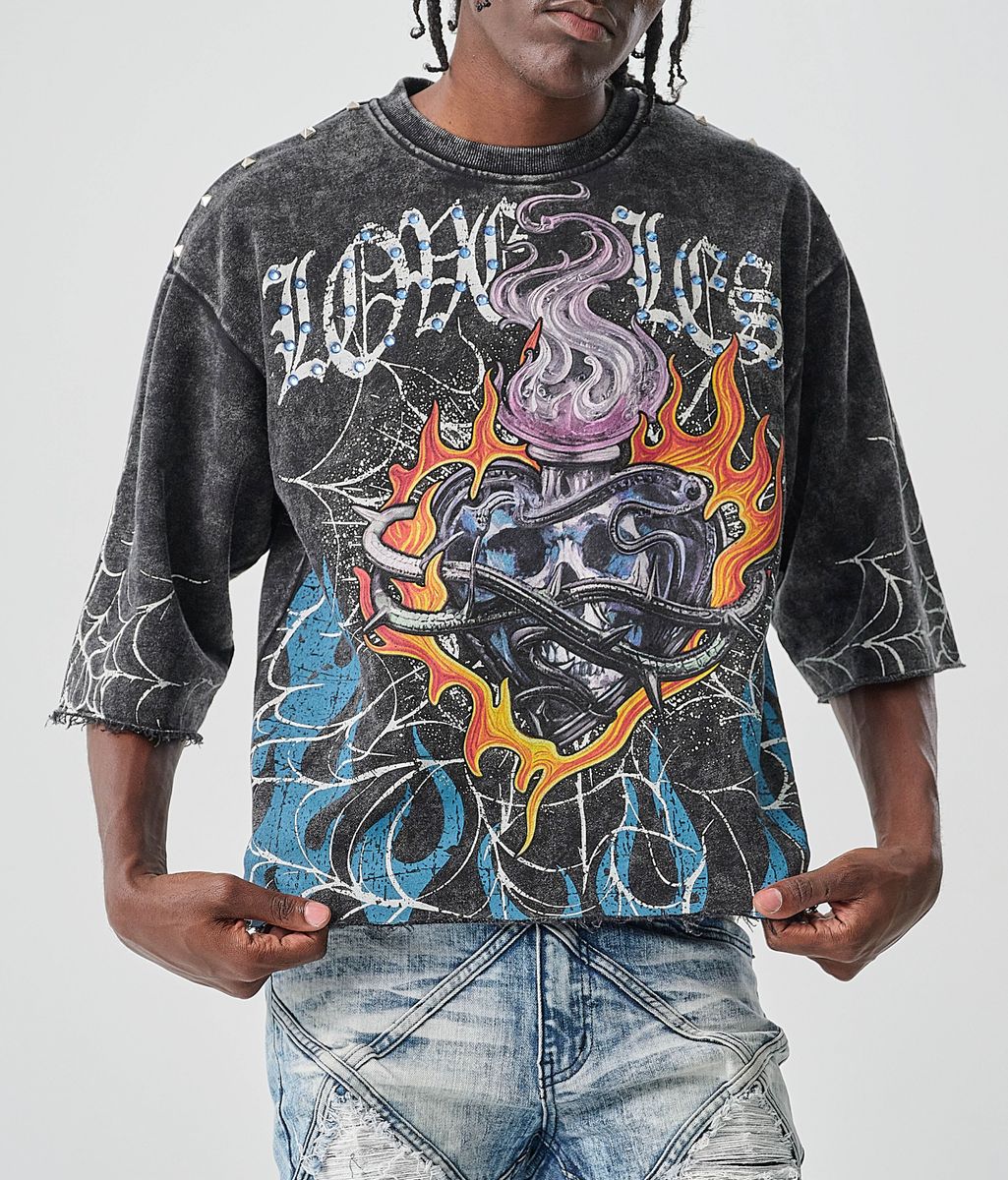 TAKER MEN’S CROPPED T-SHIRT WITH DIGITAL PRINT, PYRAMID STUDS & RHINESTONES