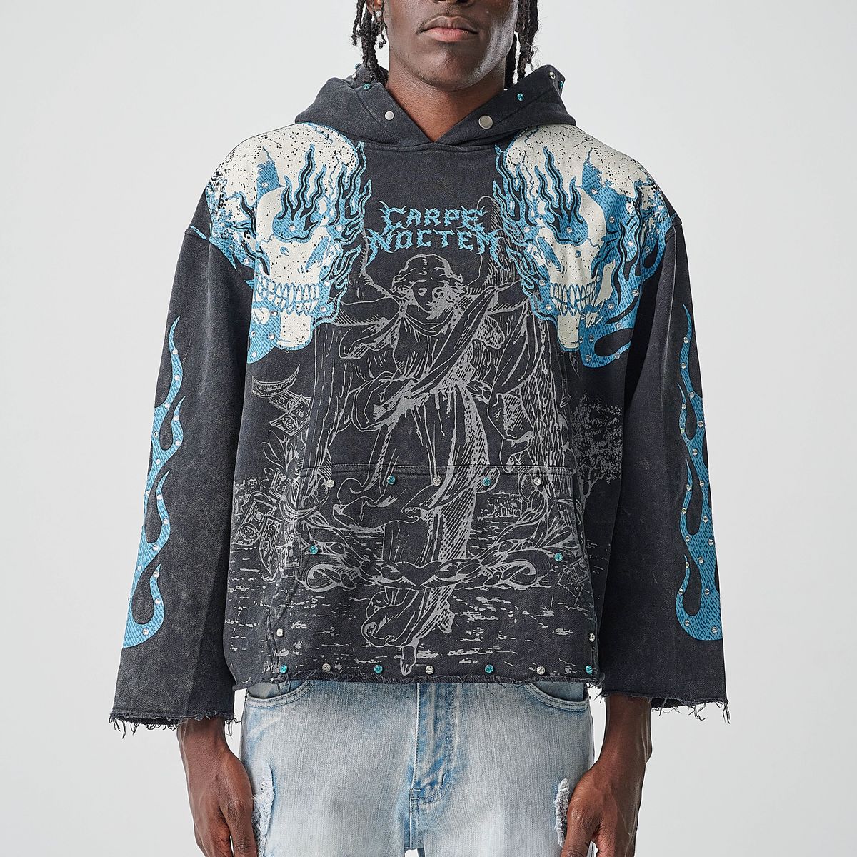 TAKER MEN’S CROPPED FRENCH-TERRY HOODIE WITH DIGITAL PRINT AND RINESTONES