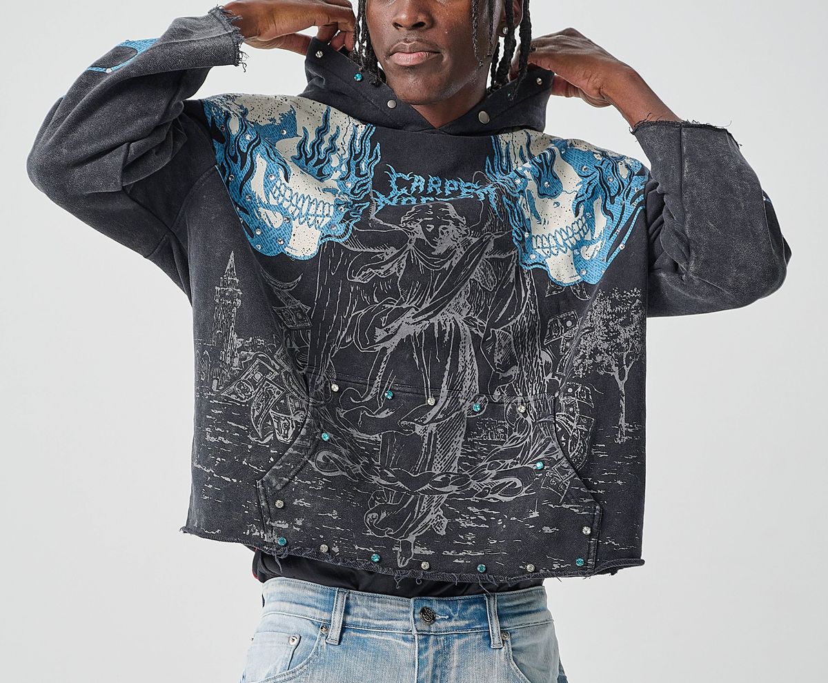 TAKER MEN’S CROPPED FRENCH-TERRY HOODIE WITH DIGITAL PRINT AND RINESTONES
