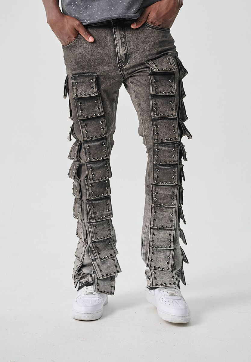 TAKER MEN’S RHINESTONES & MULTI POCKET FLAPS "FLARE FIT"