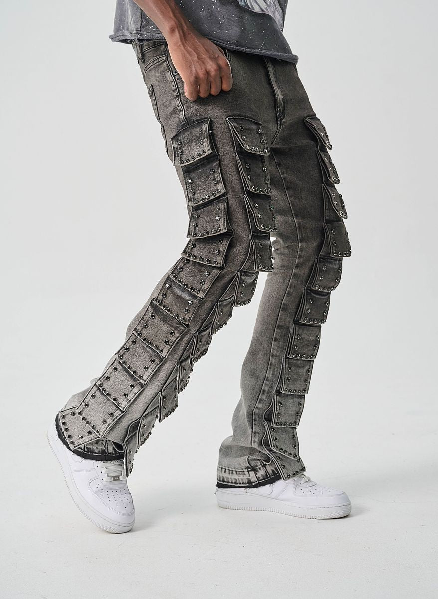 TAKER MEN’S RHINESTONES & MULTI POCKET FLAPS "FLARE FIT"