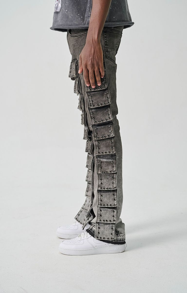 TAKER MEN’S RHINESTONES & MULTI POCKET FLAPS "FLARE FIT"
