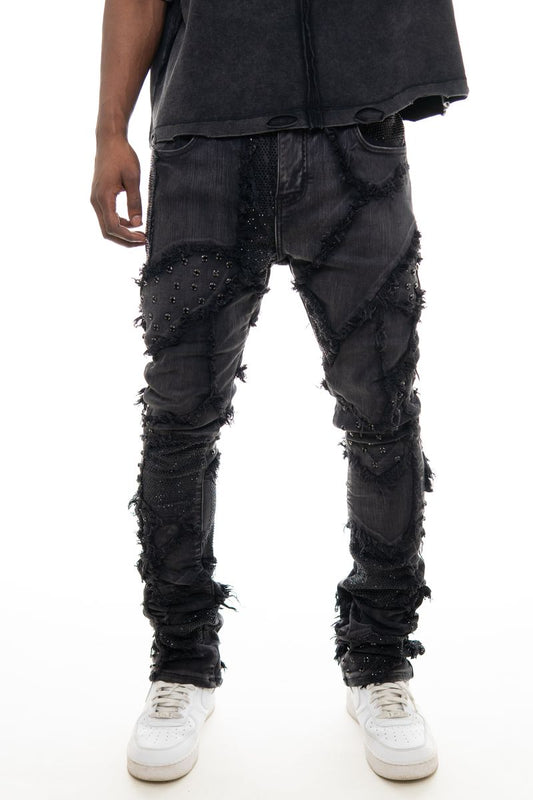 Men's Black Distressed Ripped Flare Denim Streetwear Pocket Skinny Rhinestones Jeans