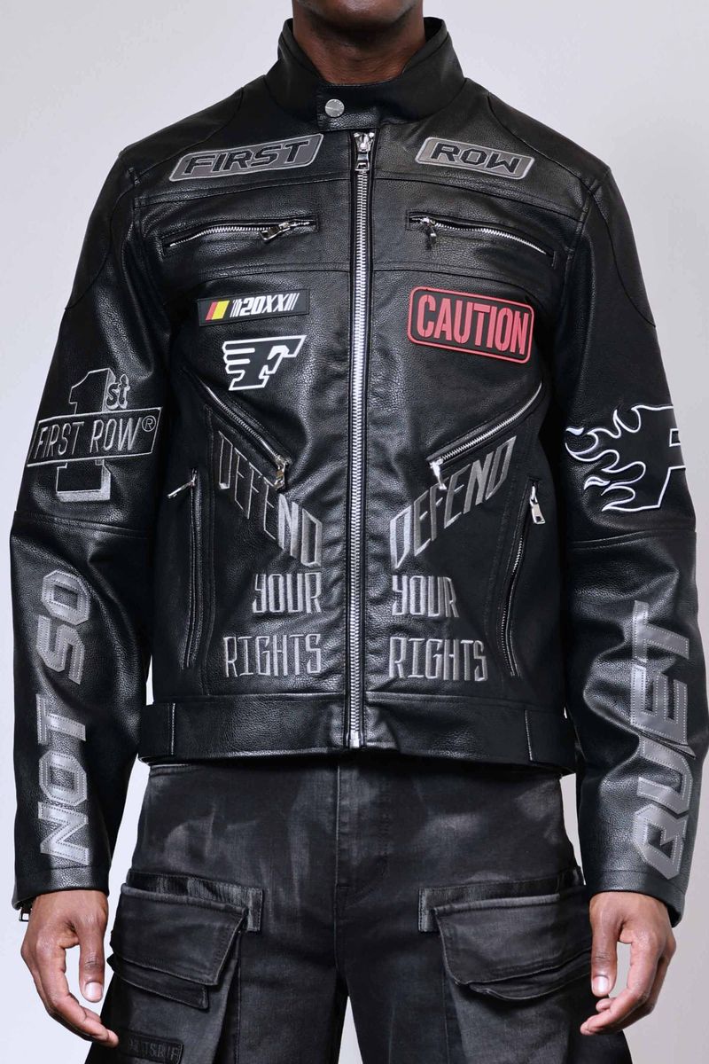 FIRST ROW MEN’S BLACK CAUTION NOT SO QUIET LEATHER RACING JACKET ET