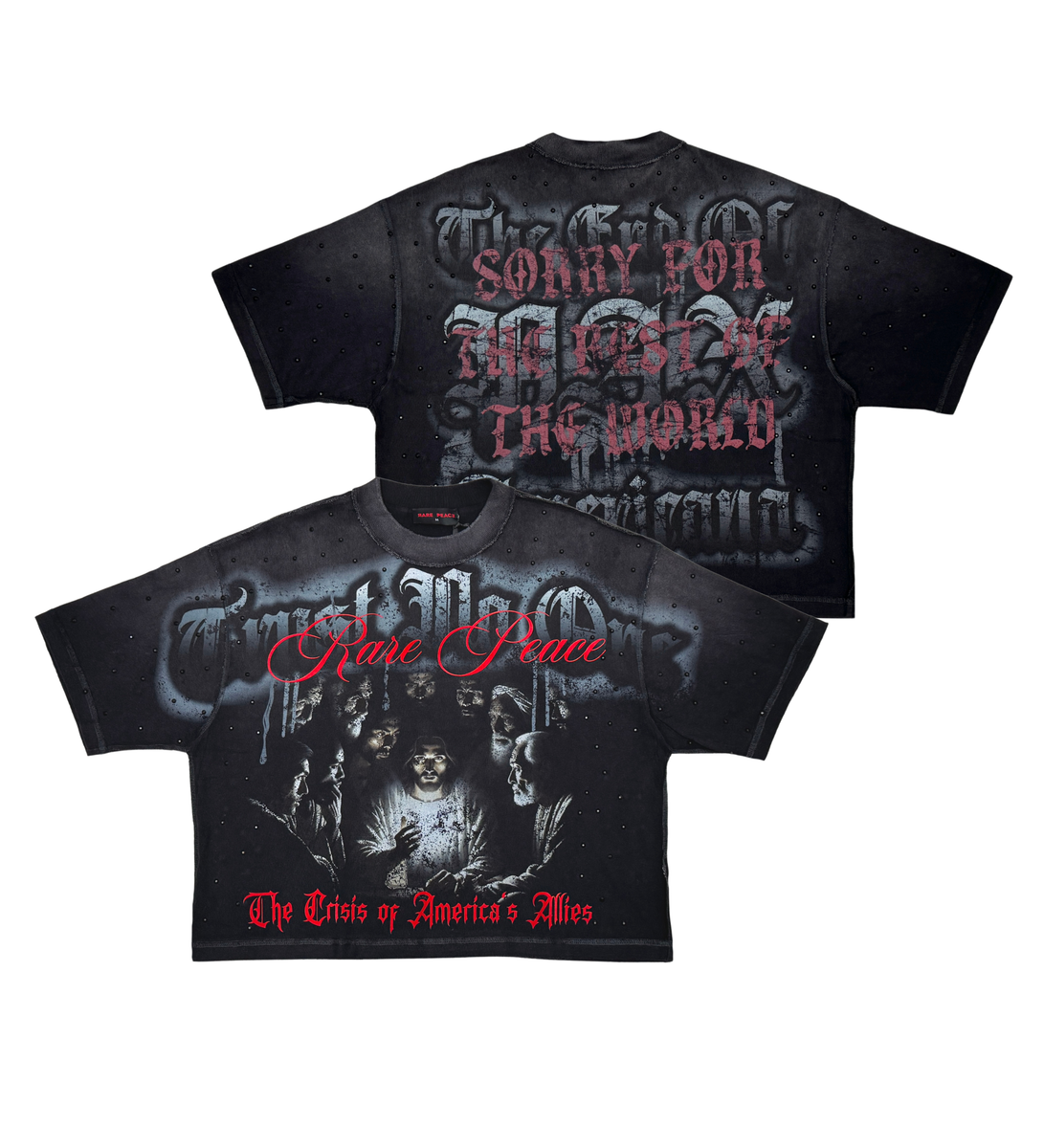 Men's Oversized Cropped Top Red and Black T-Shirt with Graphic Design and Text "Sorry for the Rest of the World"