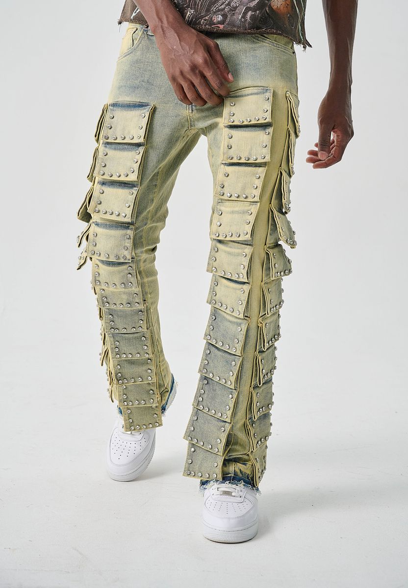 Taker Men’s Rhinestone Blue Tint Cargo Stacked Jeans