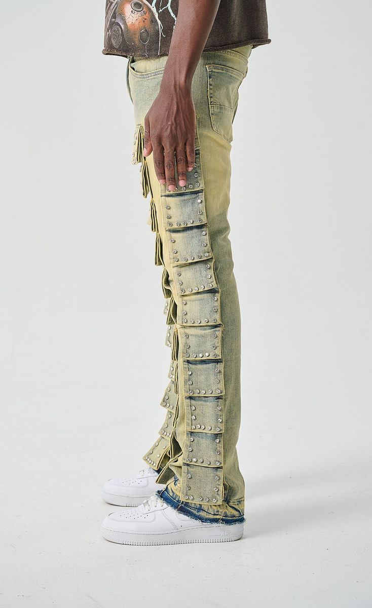 Taker Men’s Rhinestone Blue Tint Cargo Stacked Jeans
