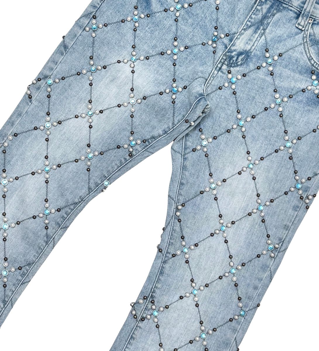 Vicious Men’s Light Blue Rhinestone Skinny Stacked Jeans