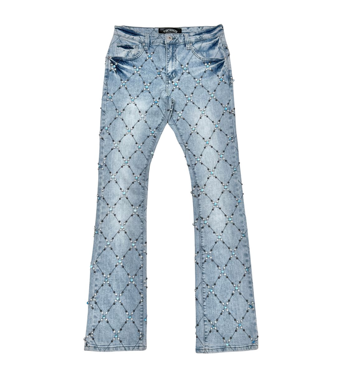 Vicious Men’s Light Blue Rhinestone Skinny Stacked Jeans