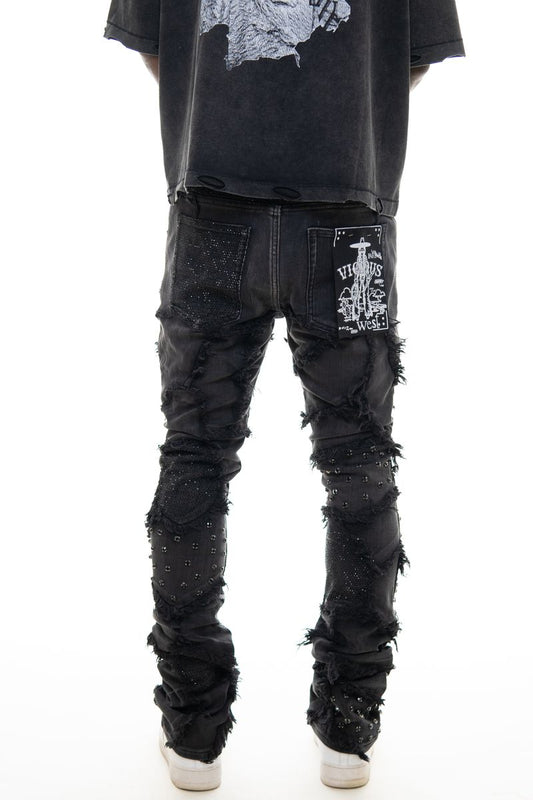 Men's Black Distressed Ripped Flare Denim Streetwear Pocket Skinny Rhinestones Jeans
