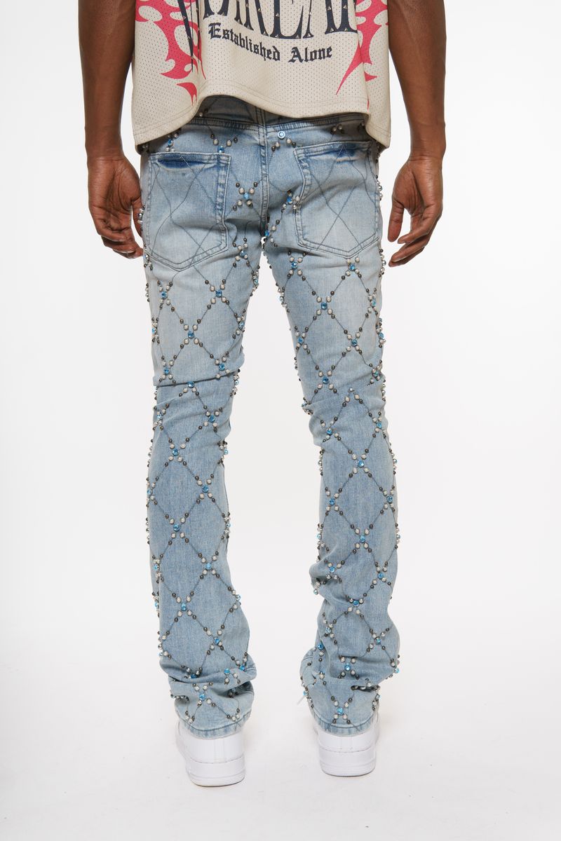 Vicious Men’s Light Blue Rhinestone Skinny Stacked Jeans