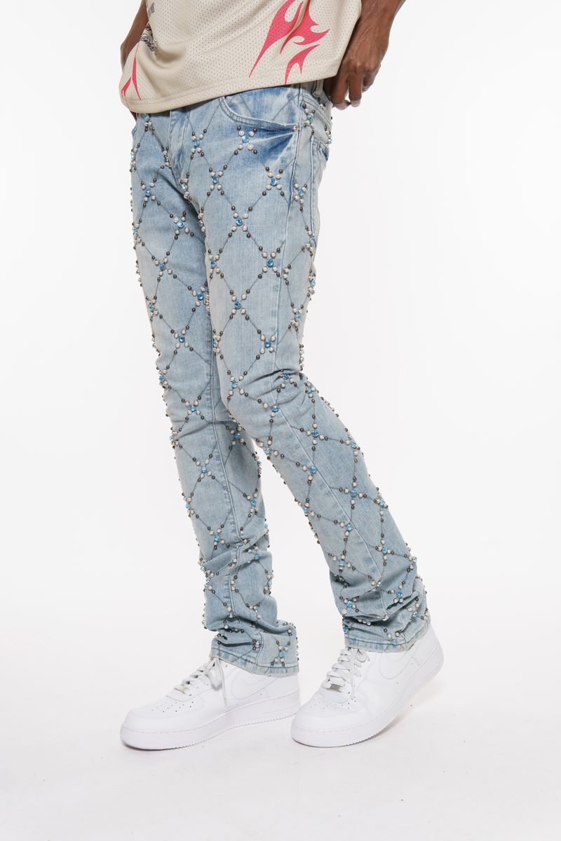 Vicious Men’s Light Blue Rhinestone Skinny Stacked Jeans