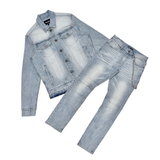 Men’s Black Rhinestone Denim Jacket & Jeans Pants Set