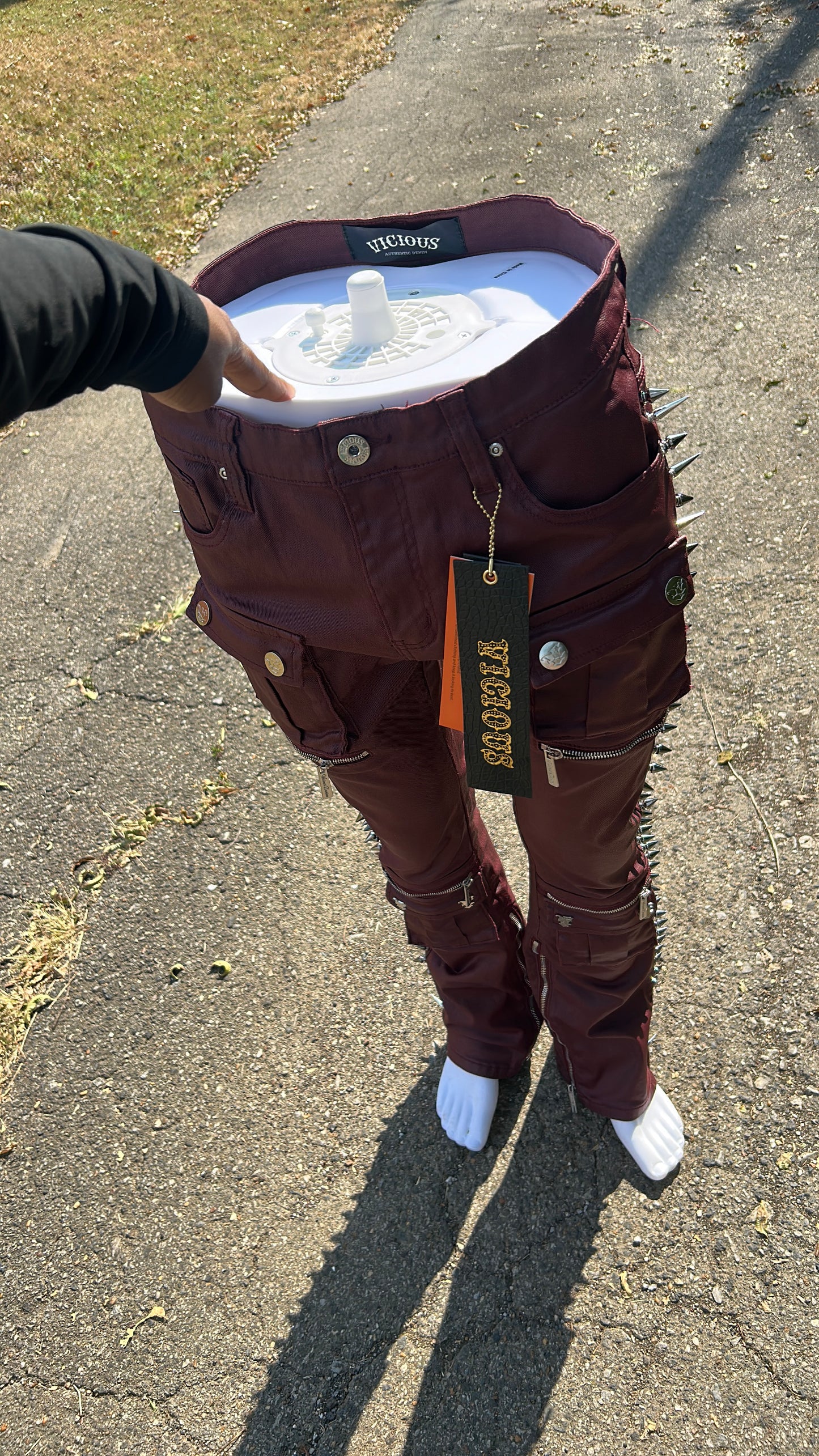 Vicious West Men’s Coated Burgundy Stacked Spiked Skinny Jeans