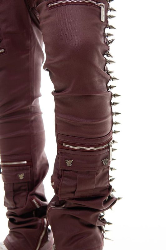 Vicious West Men’s Coated Burgundy Stacked Spiked Skinny Jeans