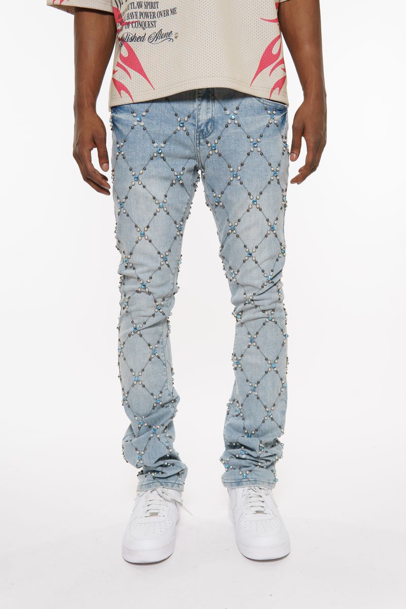 Vicious Men’s Light Blue Rhinestone Skinny Stacked Jeans
