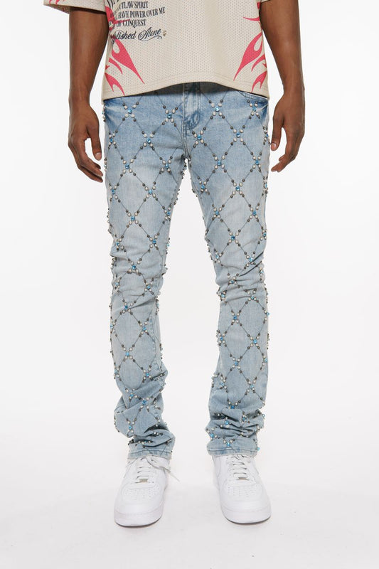 Vicious Men’s Light Blue Rhinestone Skinny Stacked Jeans