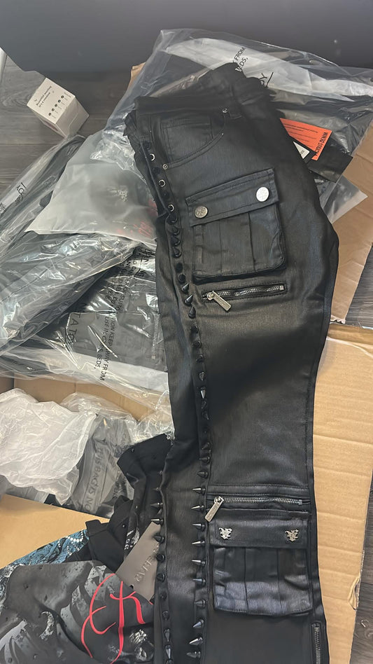 Men’s Coated Black Stacked Spike Skinny Jeans