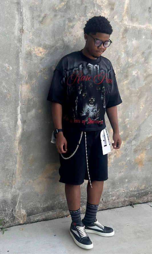 Men's Oversized Cropped Top Red and Black T-Shirt with Graphic Design and Text "Sorry for the Rest of the World"