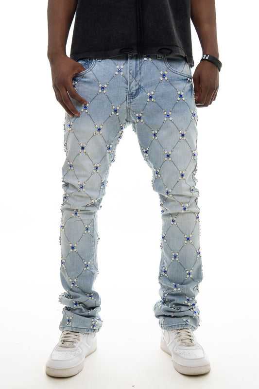 Men's Rhinstone Embellish Light Blue Denim Stacked Jeans with Sparkling Rhinestones and Pearl Accents