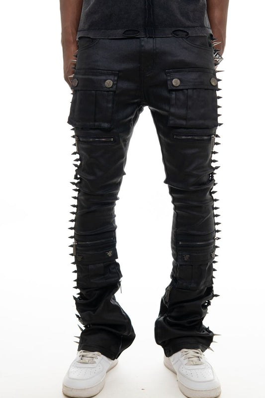 Men’s Coated Black Stacked Spike Skinny Jeans