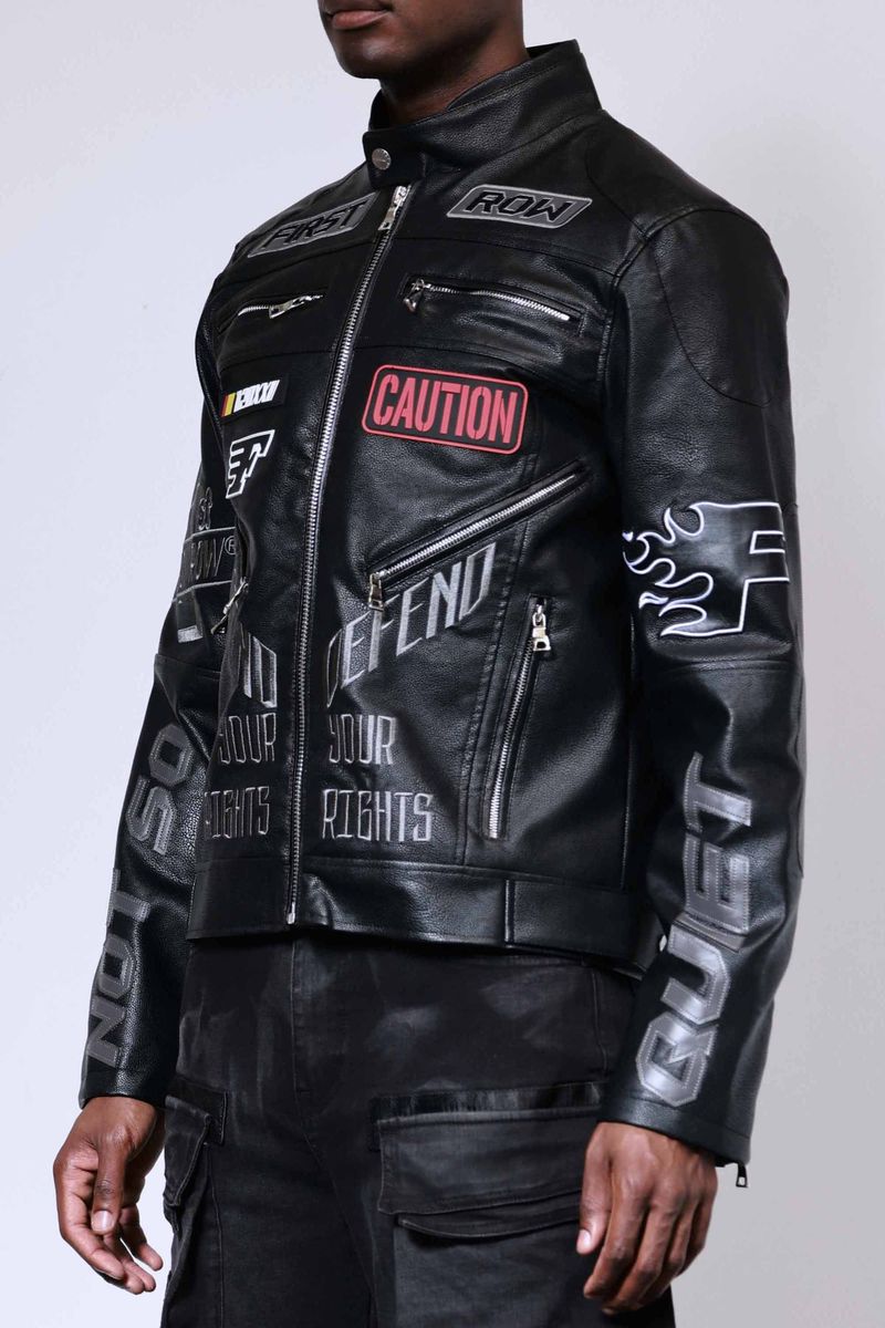 FIRST ROW MEN’S BLACK CAUTION NOT SO QUIET LEATHER RACING JACKET ET