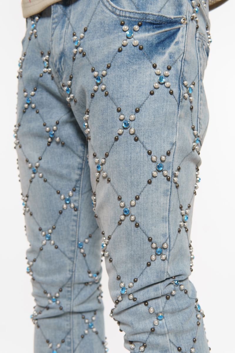 Vicious Men’s Light Blue Rhinestone Skinny Stacked Jeans