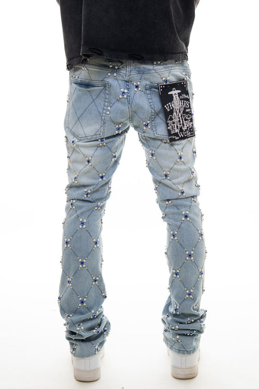 Men's Rhinstone Embellish Light Blue Denim Stacked Jeans with Sparkling Rhinestones and Pearl Accents