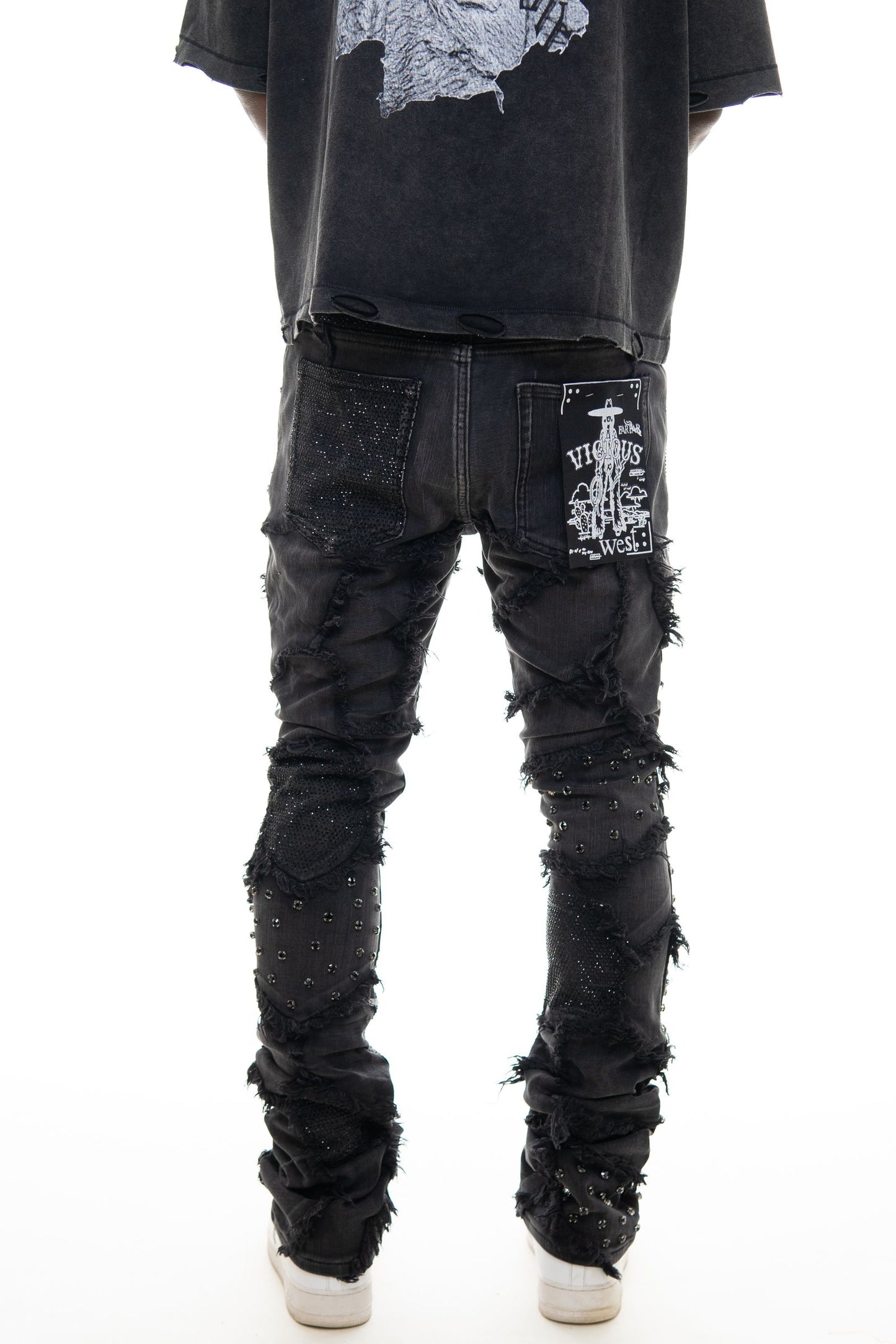 Vicious Denim Men's Black Distressed Ripped Flare Denim Streetwear Pocket Skinny Jeans with Rhinestones Casual Menswear Comfortable & Stylish Trouser Pants