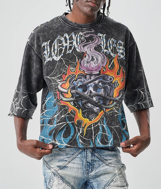 TAKER MEN’S CROPPED T-SHIRT WITH DIGITAL PRINT, PYRAMID STUDS & RHINESTONES