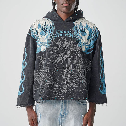 TAKER MEN’S CROPPED FRENCH-TERRY HOODIE WITH DIGITAL PRINT AND RINESTONES